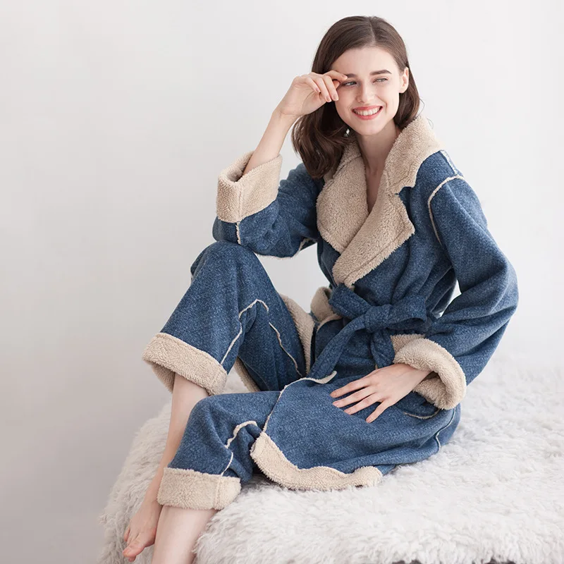 Autumn and Winter Bathrobe Couple Pajamas Female Nightgown Thickened Flannel Large Size Home Service Men and Women Extended Suit