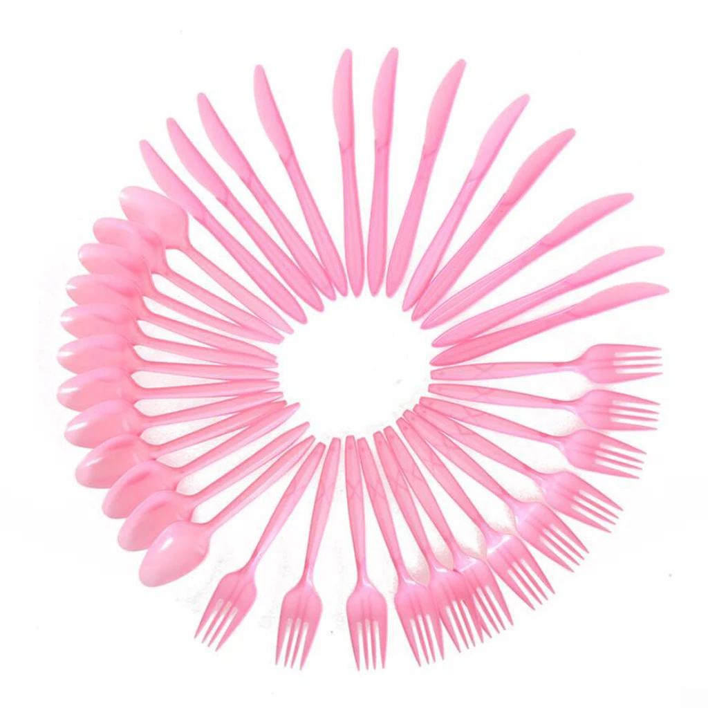 

36/Set Pink Disposable Plastic Strong Spoons Knives Fork Cutlery Set