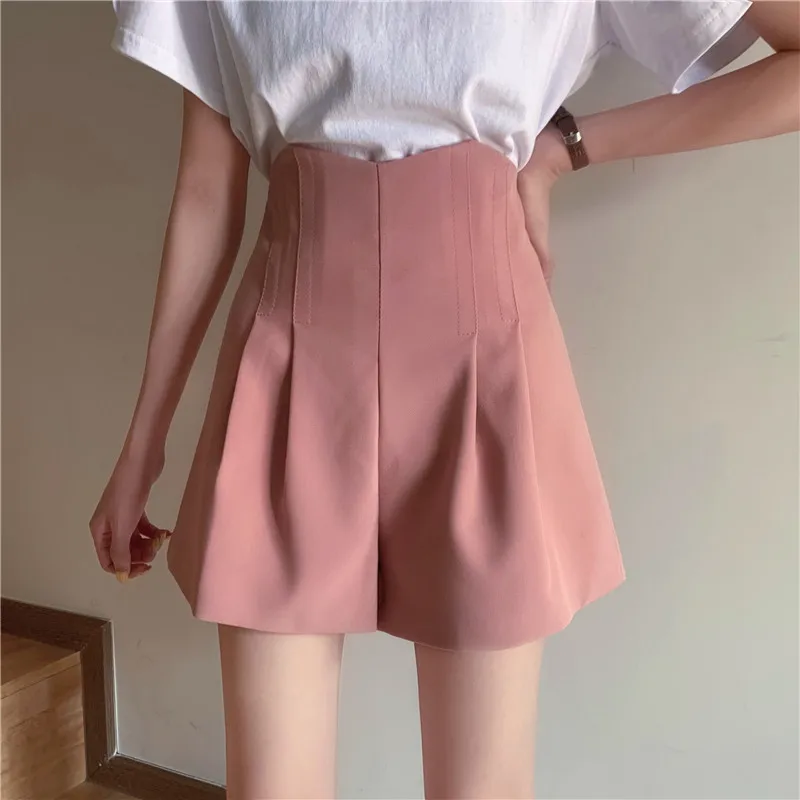 

2021 Shorts Women A-line Summer Short-skirt Office Lady Pleated Casual Holiday High Waist Loose Fashion Purple Lining Stylish