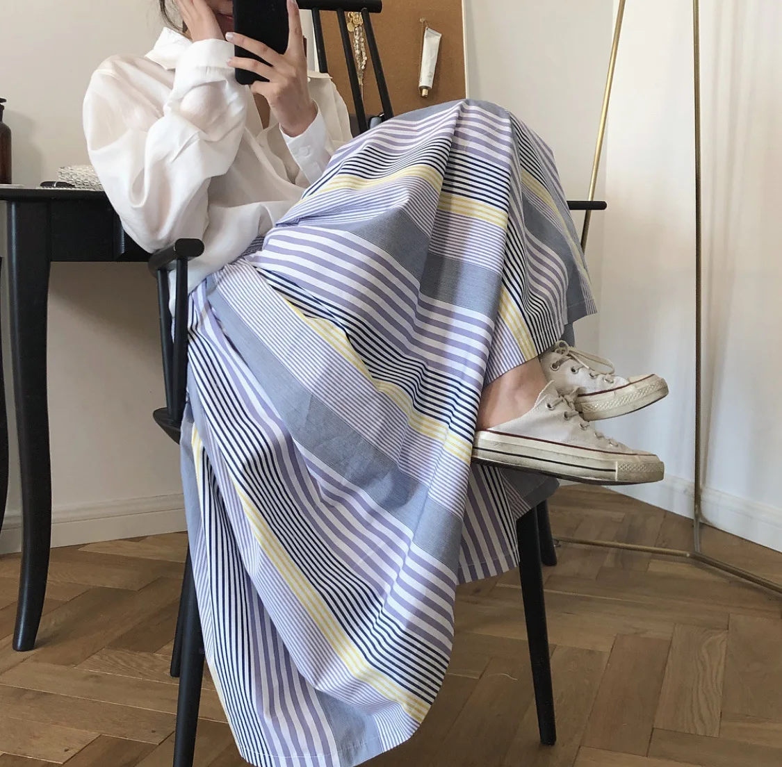 

Sherhure 2020 High Waist Women Long Skirts Saia Striped Women Elegant Chic A-Line Cotton Skirt Faldas Jupe Femme