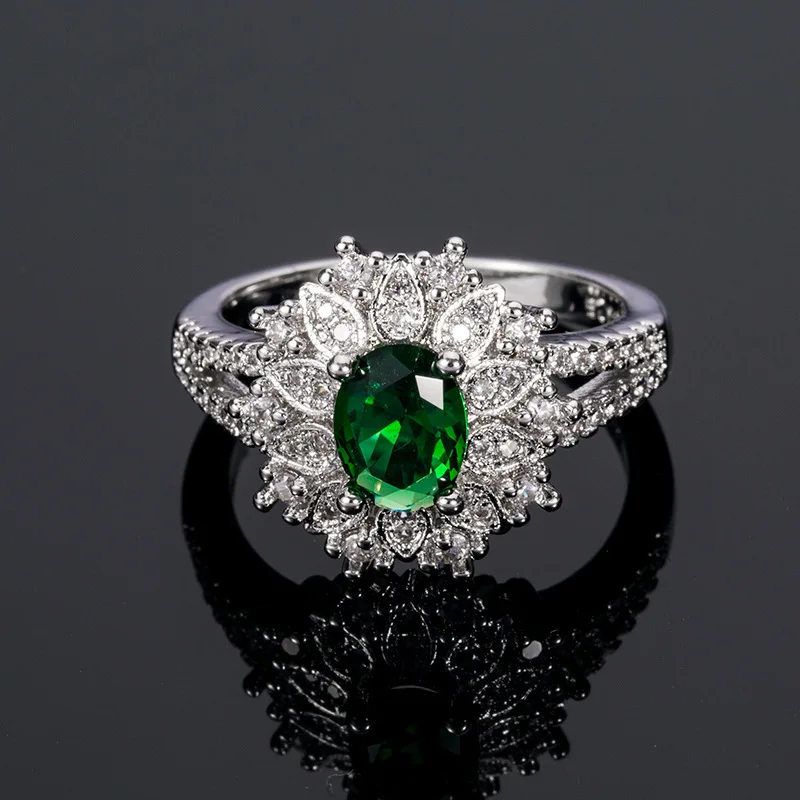 

Boho Luxury Flower Shape Ring Green Oval Cubic Zirconia Stone Wedding Band Rings For Women Elegant Fashion Engagement Jewelry