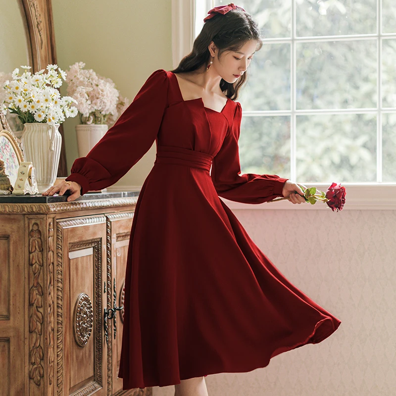 

Осеннее женское платье 2021, зимнее офисное женское винтажное платье во французском стиле с длинным рукавом, однотонное красное платье на мол...