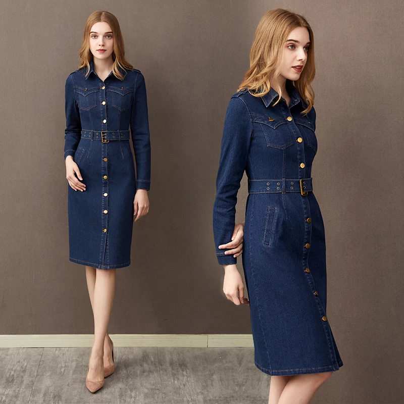 Женское однобортное джинсовое платье Aswinfon облегающее средней длины с отложным