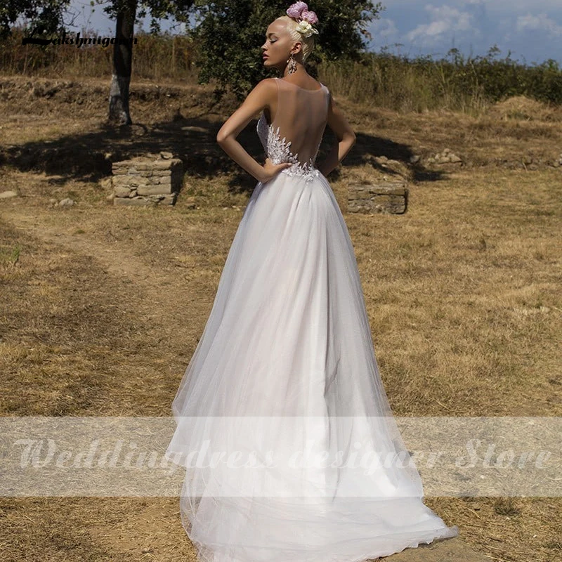 

Lakshmigown Backless Tulle A Line Wedding Dresses Scoop Neck Lace Appliques Sleeveless Bridal Gowns vestido de novia