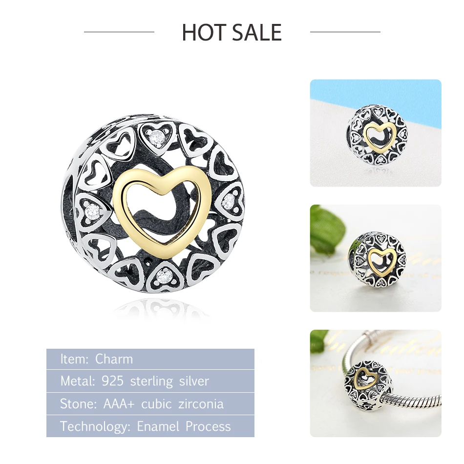 Подходят оригинальный браслет с шармами стерлингового серебра 925 Золотое сердце