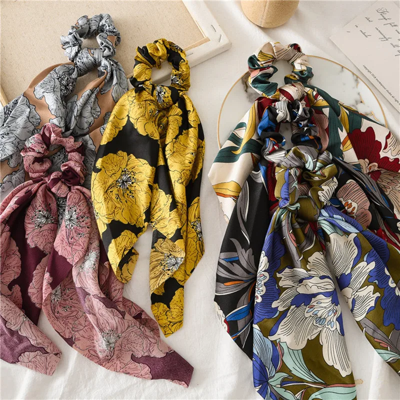 

Elegant Retro Women Floral Print Ponytail Scrunchies Long Ribbon Elastic Hair Bands Girls Knotted Hair Rope Hair Accessories