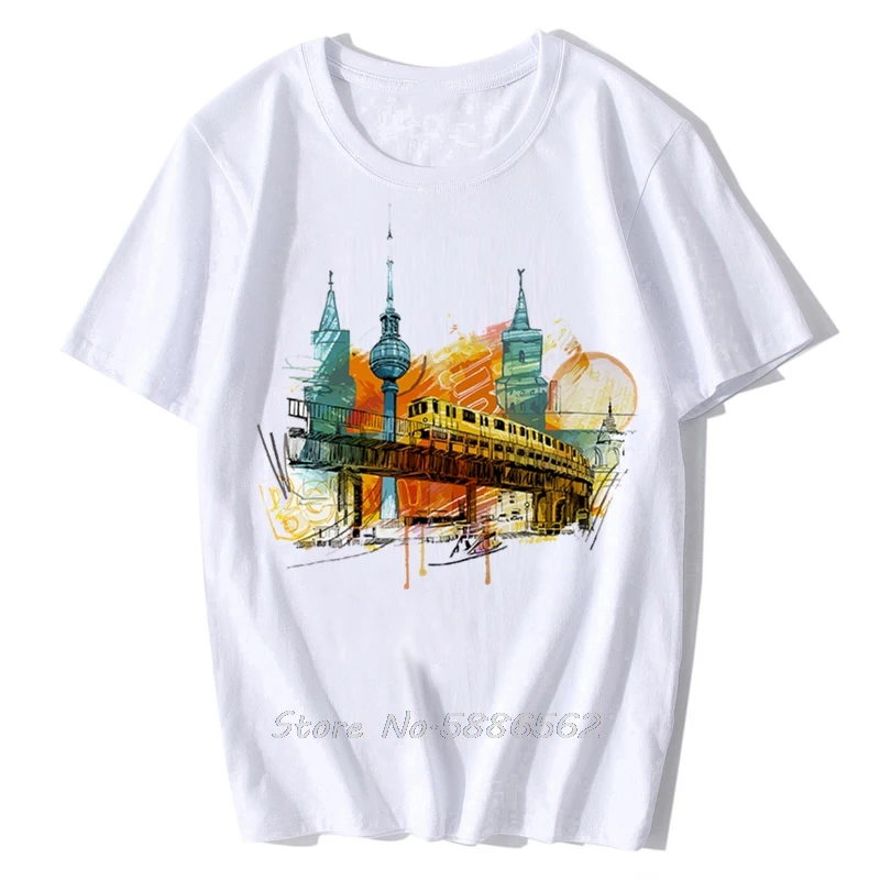 

Watercolor Famous City And Landmark Artistic Tshirt Homme Short White Casual Funny Gift T Shirt Men London Roma Moscow Berlin