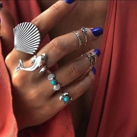 8 piece combination scallop dolphin turquoise retro punk bohemian ring fashion jewelry wholesale female jewelry accessories