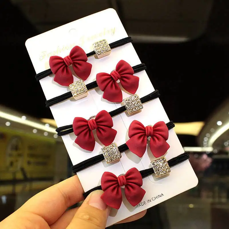 

5 PCS Fashion Red Bow Hair Circle Diamond Block Stretchy Hair Bobbles Girls Hairbands Ponytail