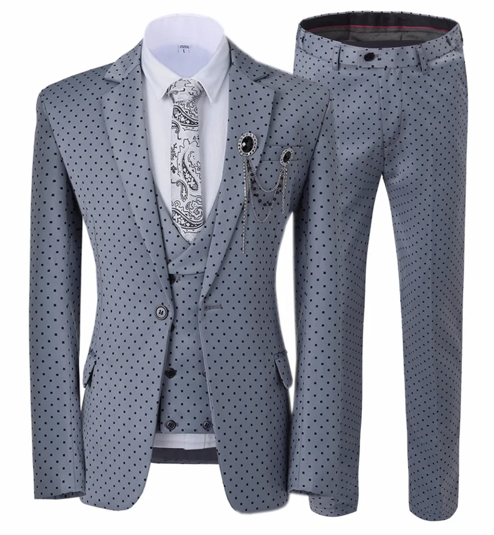 Double Breasted Three Pieces Men's Wedding Suit 3 Pieces Dots Printed Slim Fit Notch Lapel Tuxedos Grey（Blazer+Pants+Vest））