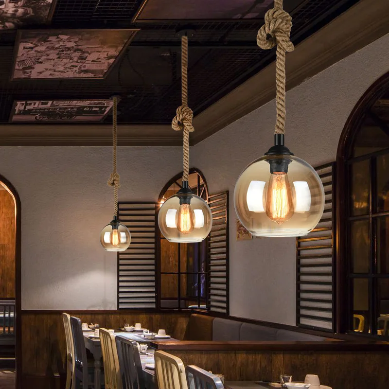 Винтажные стеклянные шаровые подвесные светильники Ретро Лофт пеньковая