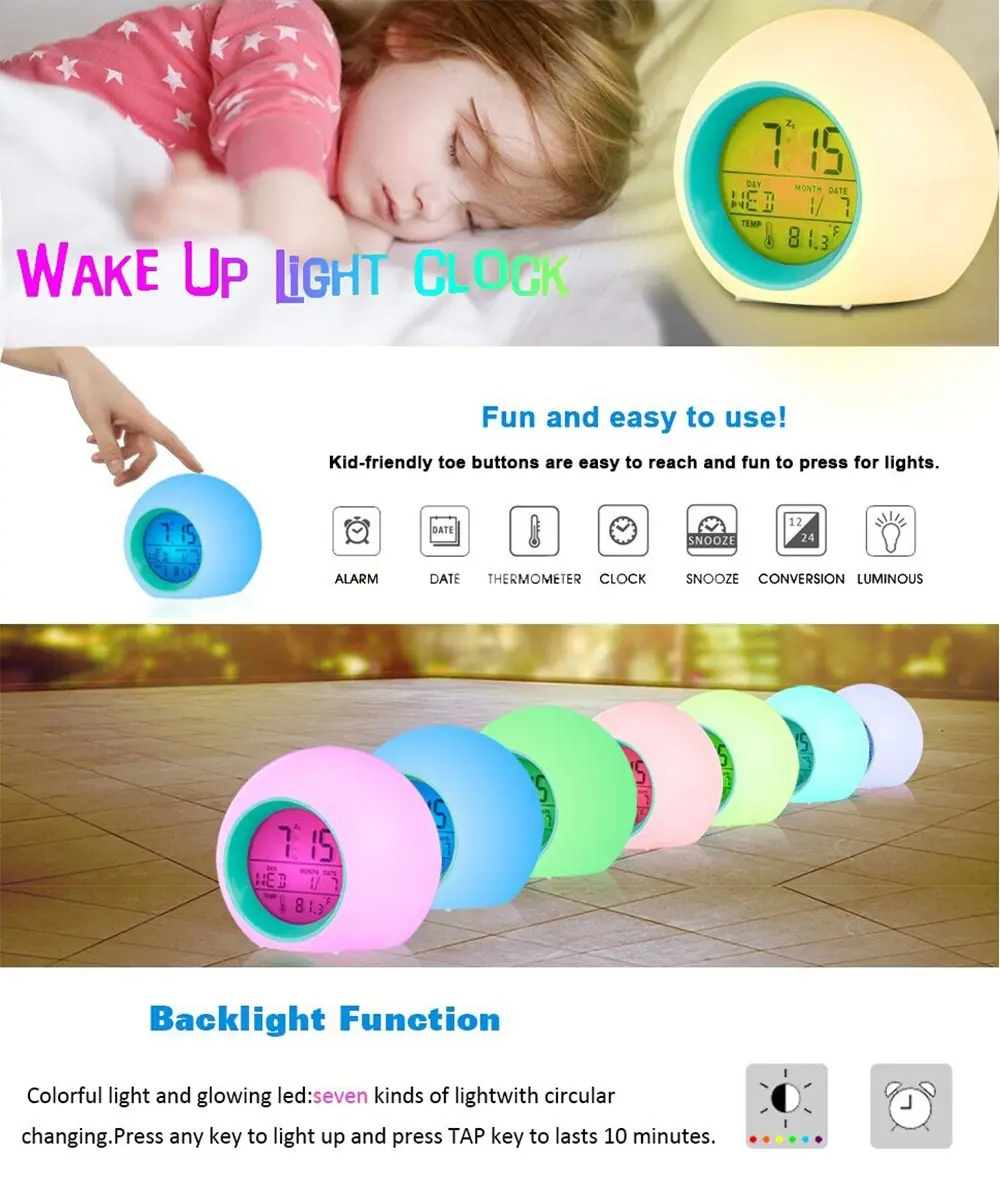 LED Alarm Clock Light Digital Thermometer 7 Colors Changing Night Glowing Clocks For Kids Table Desktop Despertador | Дом и сад