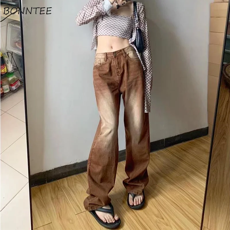 Straight Jeans Women Bleached Washed Denim Brown Hipster Oversize S-4XL All-match Schoolgirls Boyfriend Street Korean Fashion | Женская