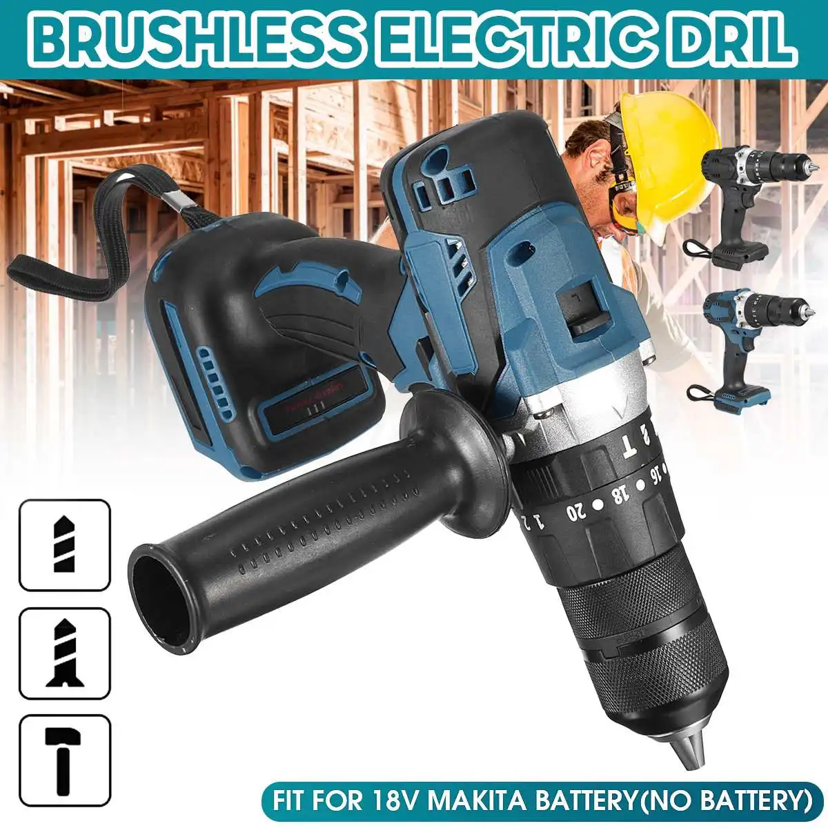 

3 IN 1 520N.M 13mm Torque Electric Drill Flat Hammer Impact Drilling Electric Screwdriver Tools Fit for Makita 18V Battery