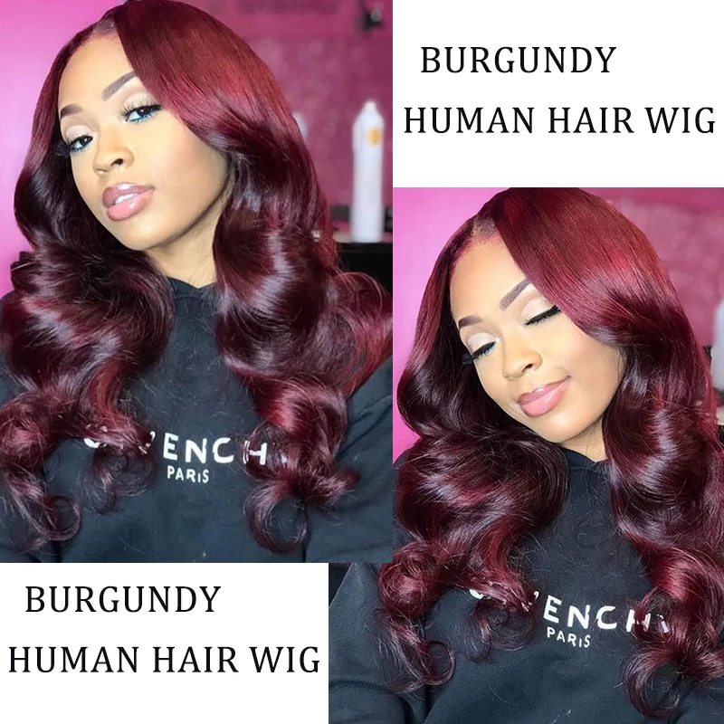 99J красные бордовые волнистые передние парики из человеческих волос на сетке