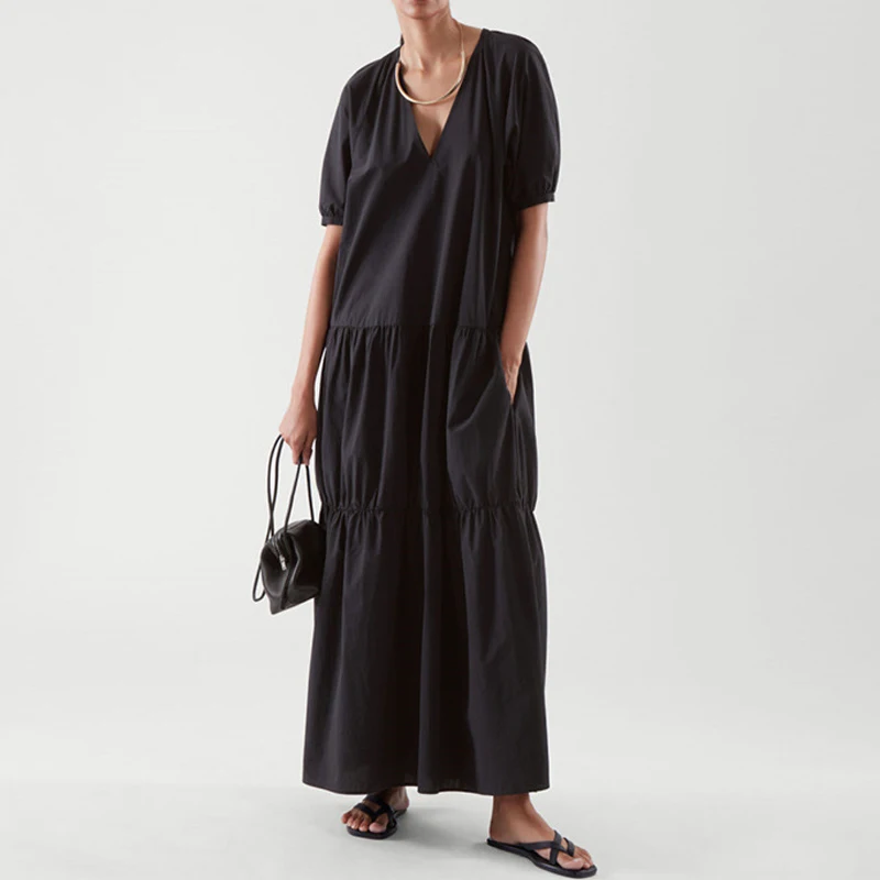 

Johnature 2022 Summer New V-neck Long Dresses Casual V-neck Short Sleeve Loose Solid Color Women Dress 3 Colors