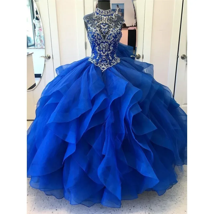 

High Neck Crystal Beaded Bodice Corset Organza Layered Quinceanera Dresses Ball Gowns Princess Prom Dresses Lace-up