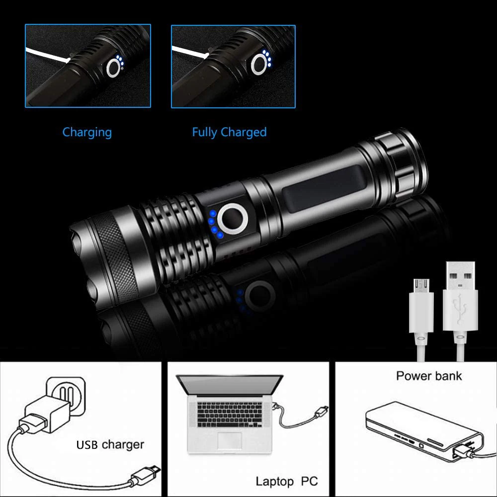P52 Zoomable LED Flashlight 5Modes Tactical Torch Light Rechargeable 18650/26650