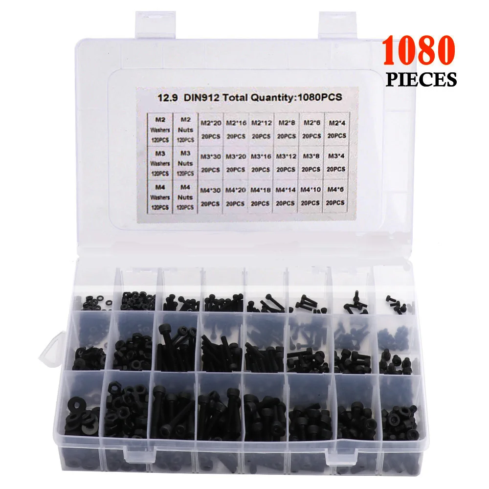 

Набор винтов с шестигранным углублением M2 M3 M4, черные винты с головкой из углеродистой стали, болты с шайбами и гайками, набор в ассортименте...