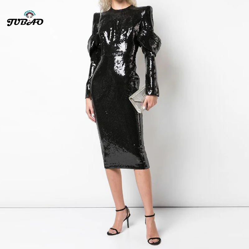Блестящее платье миди с блестками черное облегающее дизайнерское длинным