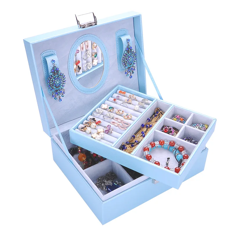 

New Mirrored Jewelry Organizer Box Two Layers Smooth Leather Earring Rings Necklace Display Storage Case Women Gift