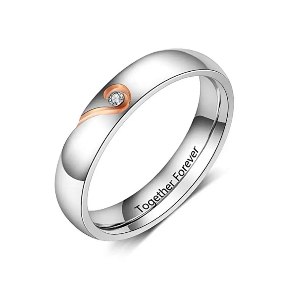 Парные кольца с гравировкой в виде сердца кубическим цирконием нержавеющая