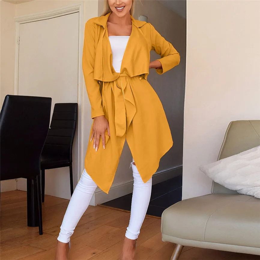 Высокое качество Тренч женский свободный сплошной асимметричный подол с