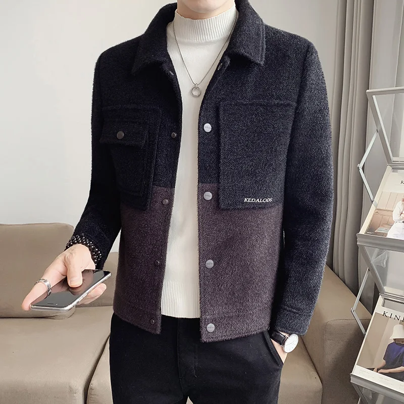 Autumn Winter Woolen Men Jackets Slim Splicing Casual Business Trench Short Coat Social Street Overcoat Windbreaker Man Clothes