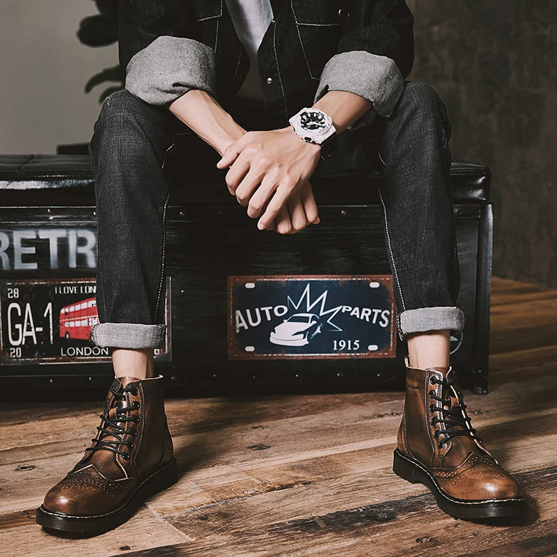 Роскошные кожаные мужские ботинки большие винтажные с перфорацией типа броги в