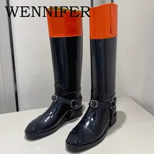 Botas hasta la rodilla De cuero para Mujer, Botines Chelsea De punta redonda con hebilla ecuestre, informales, De tacón grueso, para senderismo, color negro, 2021 (3)