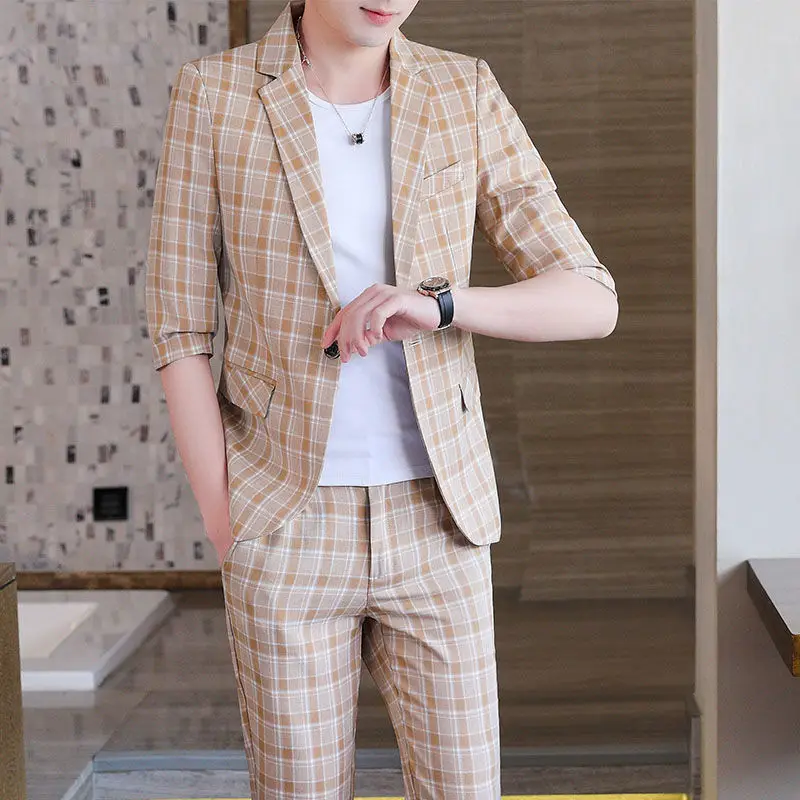 Мужской Клетчатый костюм с рукавом средней длины новый стиль маленький три