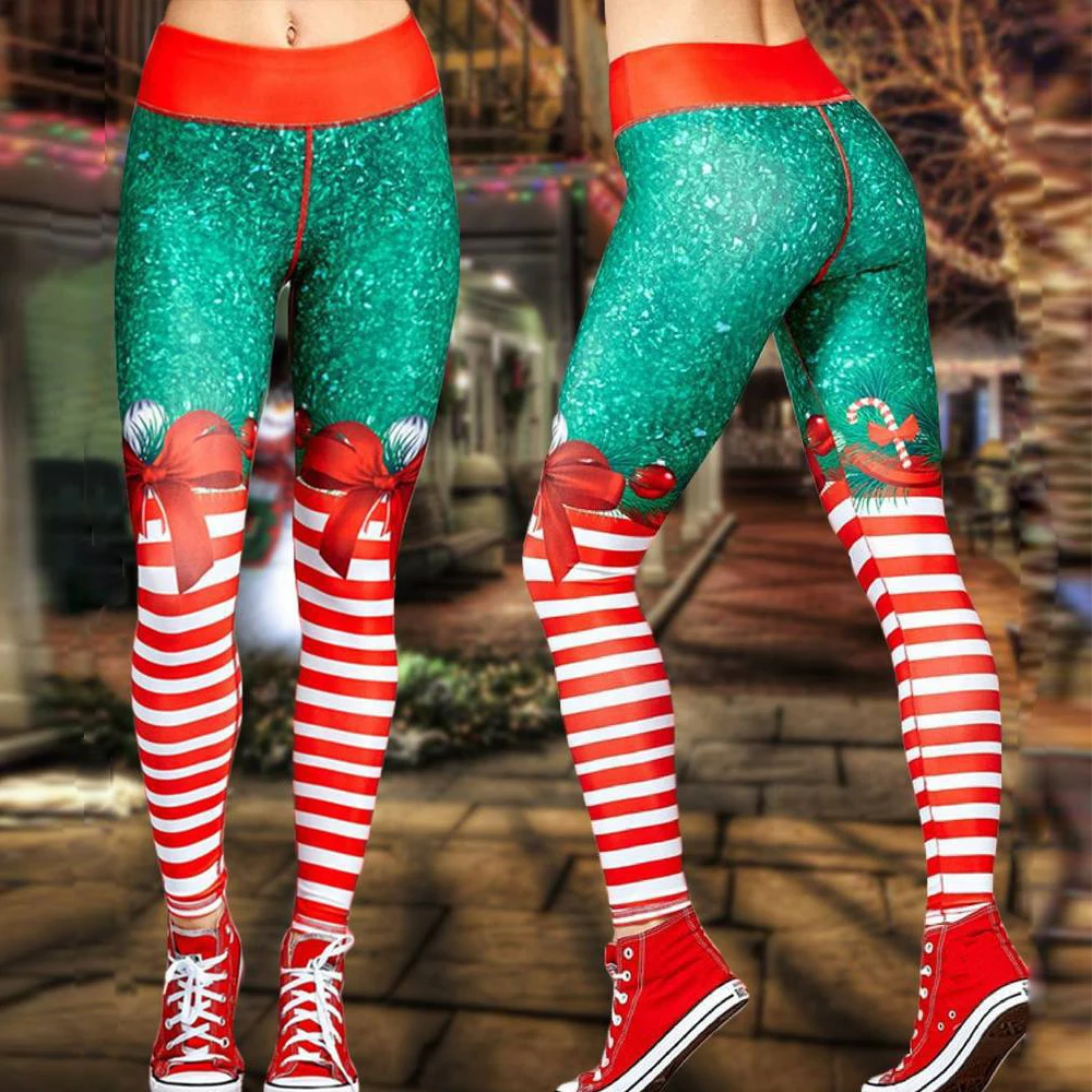 

Женские рождественские штаны с 3D принтом в полоску, с высокой талией, рождественские тренировочные облегающие штаны для йоги, праздничные л...