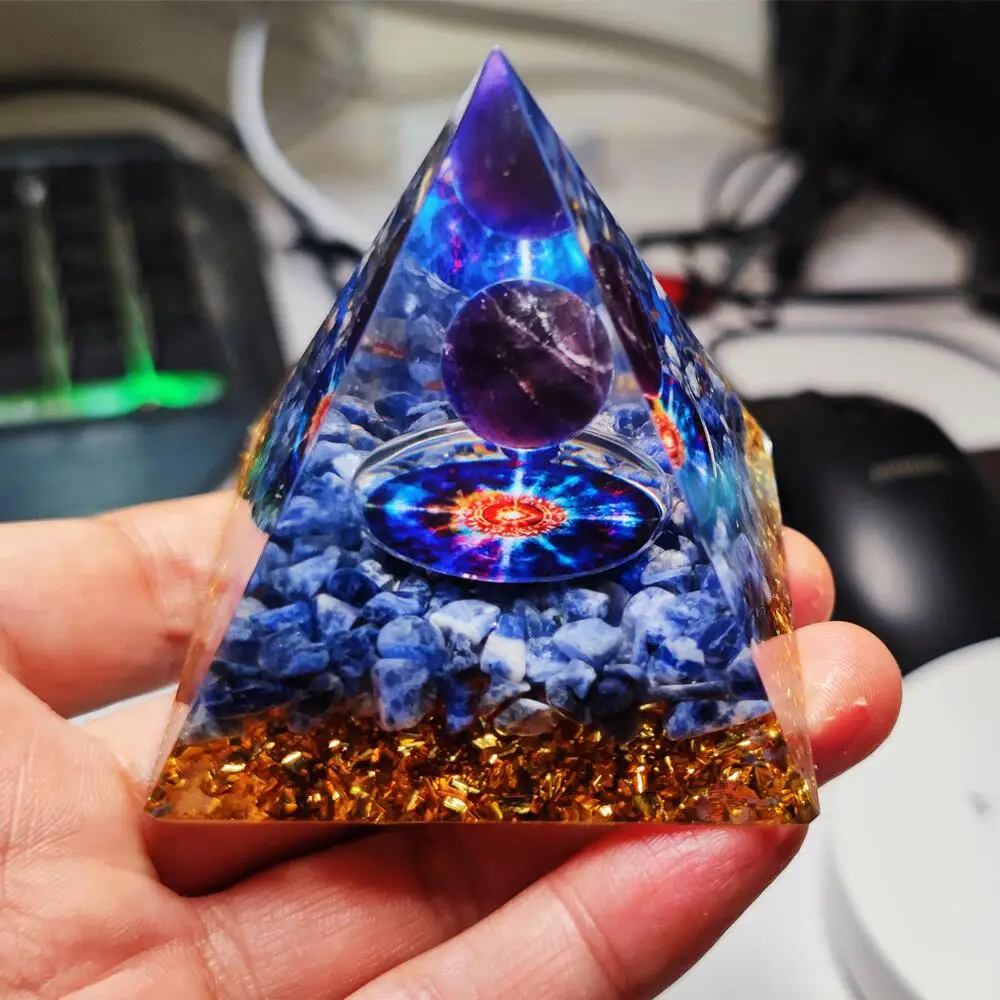 

60mm Handmade Orgonite Pyramid Lapis Lazuli Purple Crystal Sphere Yoga Reiki Healing Energy Meditation Pyramid Orgone