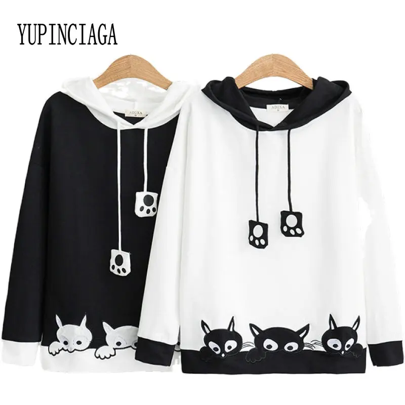 

Милые толстовки с вышивкой в виде кота из мультфильма, свитшоты с рогами на капюшоне, хлопковые толстовки, женские пуловеры с капюшоном в ст...