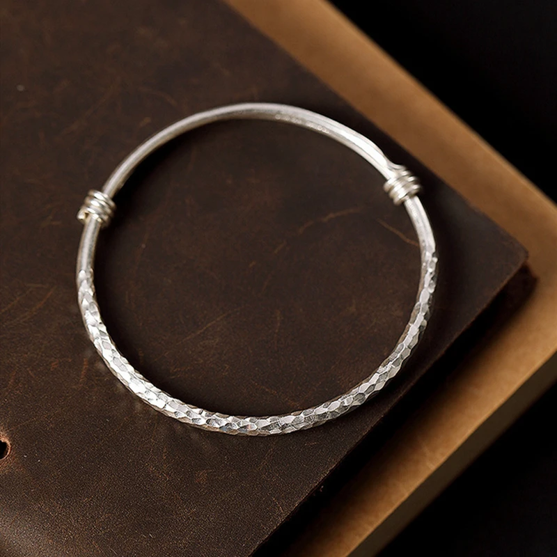 925 Sterling Silver Personality Plain Hammer Corrugated Solid Bracelet Simple Pit Push-pull Handmade Ladies | Украшения и