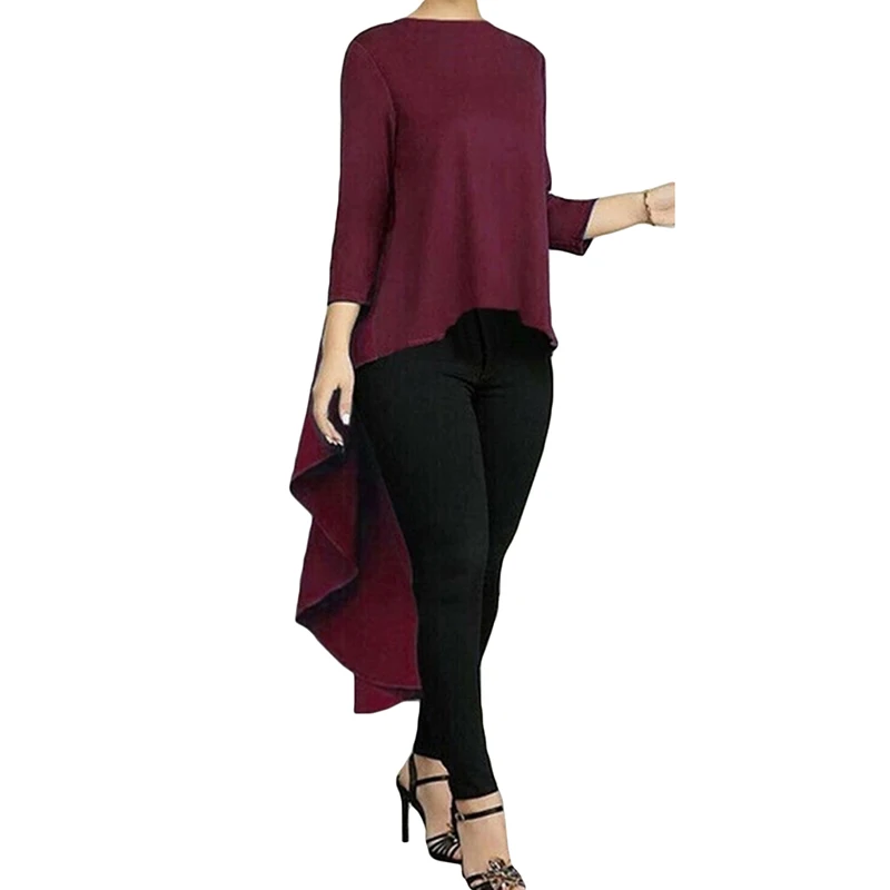 

Elegant Female T Shirt Solid Color Irregular Hem Long Sleeved Shirt Fashion Loose Ruffled Female T Shirt