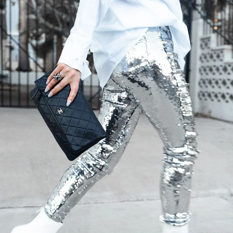 Женские брюки-карандаш с блестками для ночного клуба однотонные Серебристые