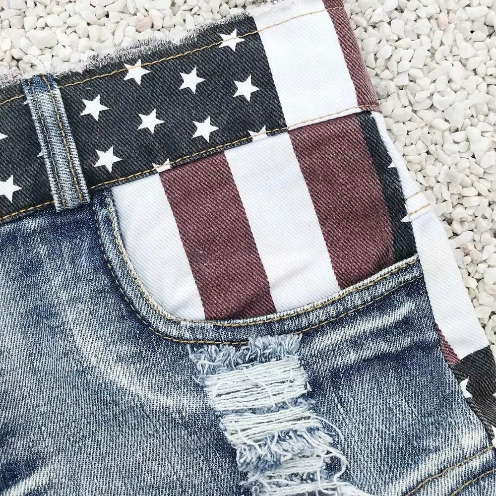

Women Sexy Denim Shorts Patchwork Flag Printing Club Style Letters Strap Mid Waist Pockets Hollow out Button Zipper Vestidos