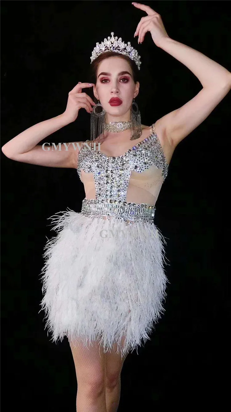 V8 Women rhinestones evening dress sexy sleeveless white feather skirt stretch disco crystal outfit sparkly diamonds wear | Дом и сад