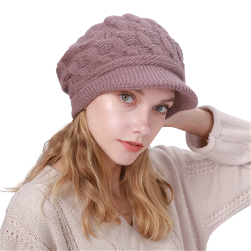 

Autumn Winter Women Plush Hats With Brim Solid Color Twist Knitted Peaked Hats Ladies Windproof Coldproof Casual Female Beret