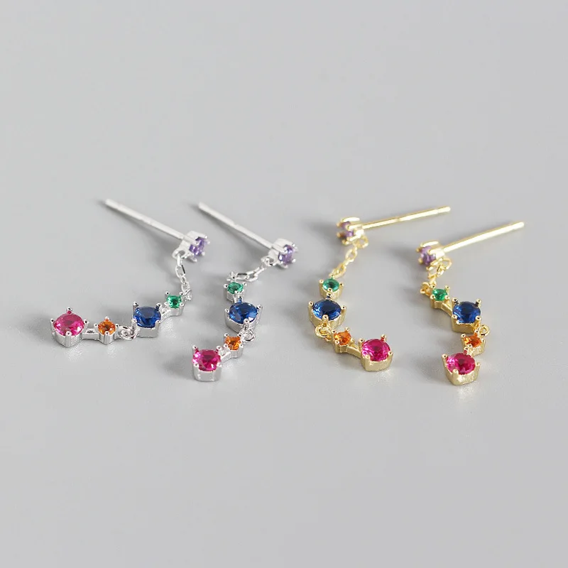 

925 Sterling Silver Stud Earrings for Women Colored Zircon European and American INS Light Luxury Tassel Net Red Jewelry