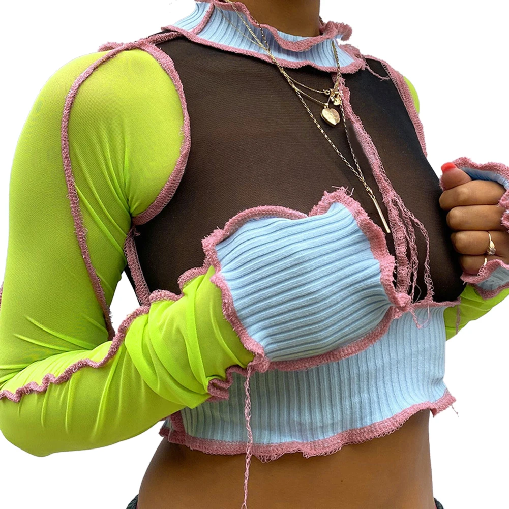 Y2K модный пэчворк стежка сетчатые кроп топы панк Стиль со стоячим воротником с