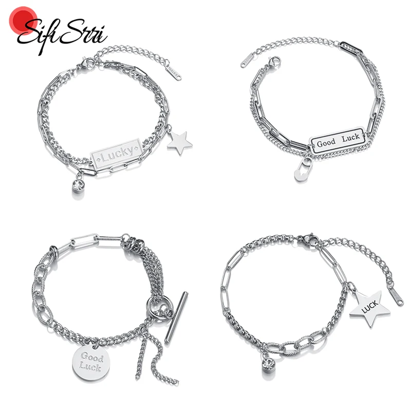 

Sifisrri Good Lucky Smile Diamond Pentagram Bracelet Stainless Steel Solid Chains Unisex Wrist For Women Birthday Jewelry Gift