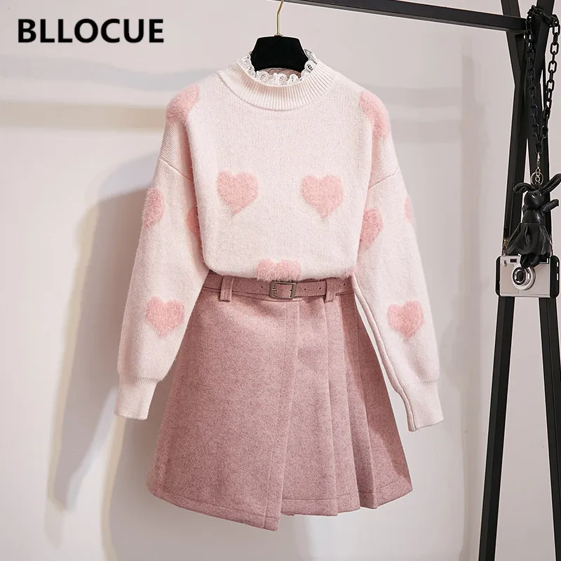 Женский розовый вязаный свитер с узором в виде сердца Корейская версия топ +