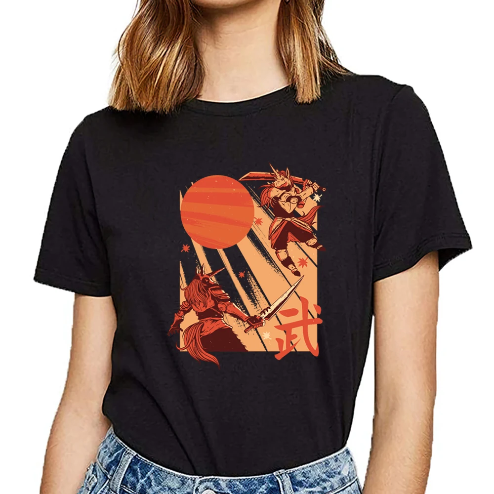 Топы Футболка Для женщин самурая Единорог Забавный Harajuku с принтом женская