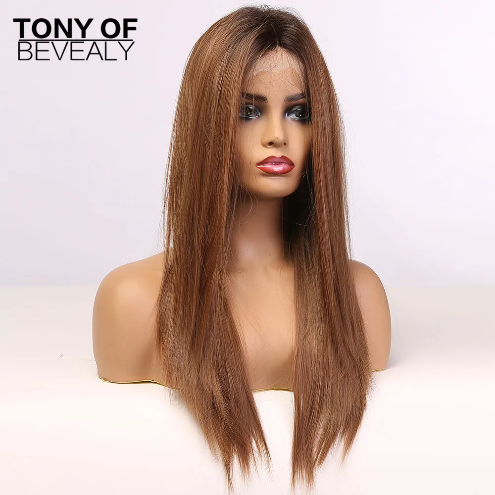 Длинные прямые коричневые кружевные Передние Синтетические Искусственные