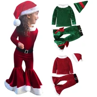 3pcs baby christmas clothes set long sleeve pullover top bell bottomhat velvet xmas santa claus costume toddler outfits 2 8t