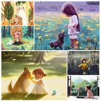 cartoon little girls and pets 5d diy full square and round diamond painting embroidery cross stitch kit wall art club home decor
