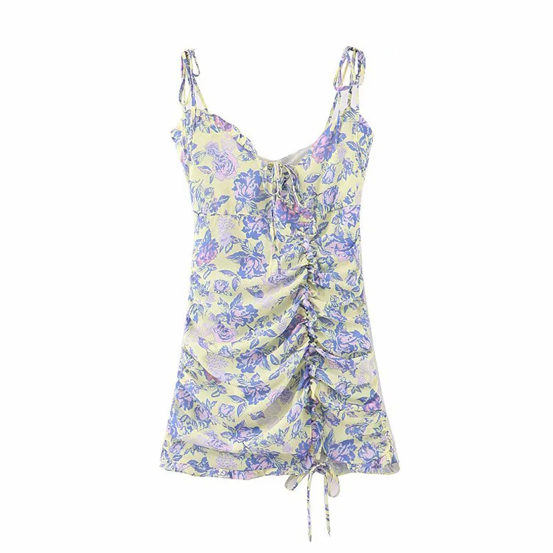

EAYUCU Print Strap Sexy Summer Dress Women 2020 New Ruched Drawstring Folds Bodycon Mini Dresses Ladies Beach Dress Robe D456