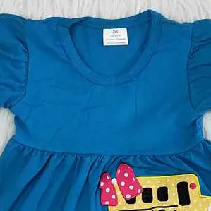 

Baby girls clothes blue bus embroidery outfits kids wear set for going to school